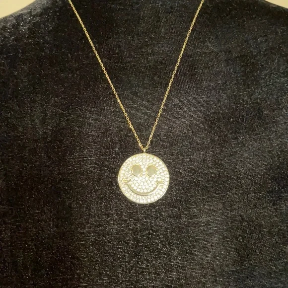 14k Gold Plated Rhinestone Happy Face Necklace - Picture 5 of 5